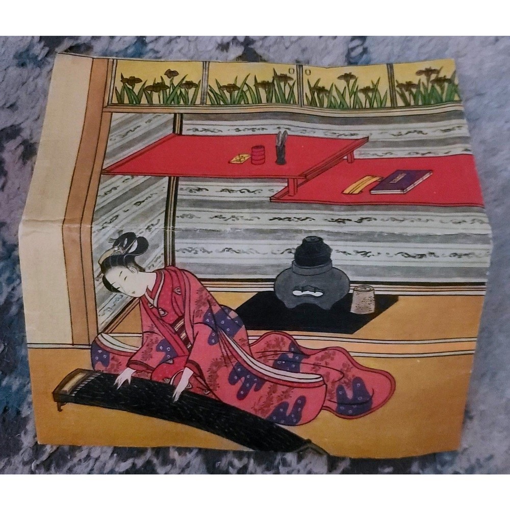 Vintage Japanese Paper Wallet Folder Ukiyo-e Woman Playing Koto Bird Calligraphy